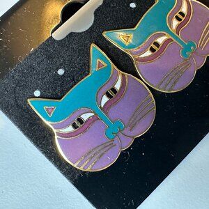 Laurel Burch Vintage Siamese Cat Earrings Cloissone Enamel Gold Post